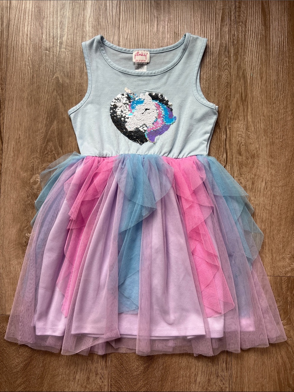Pinky Girls Blue Bodice with Unicorn Sequins & Multicolor Tulle Skirt Size 7
